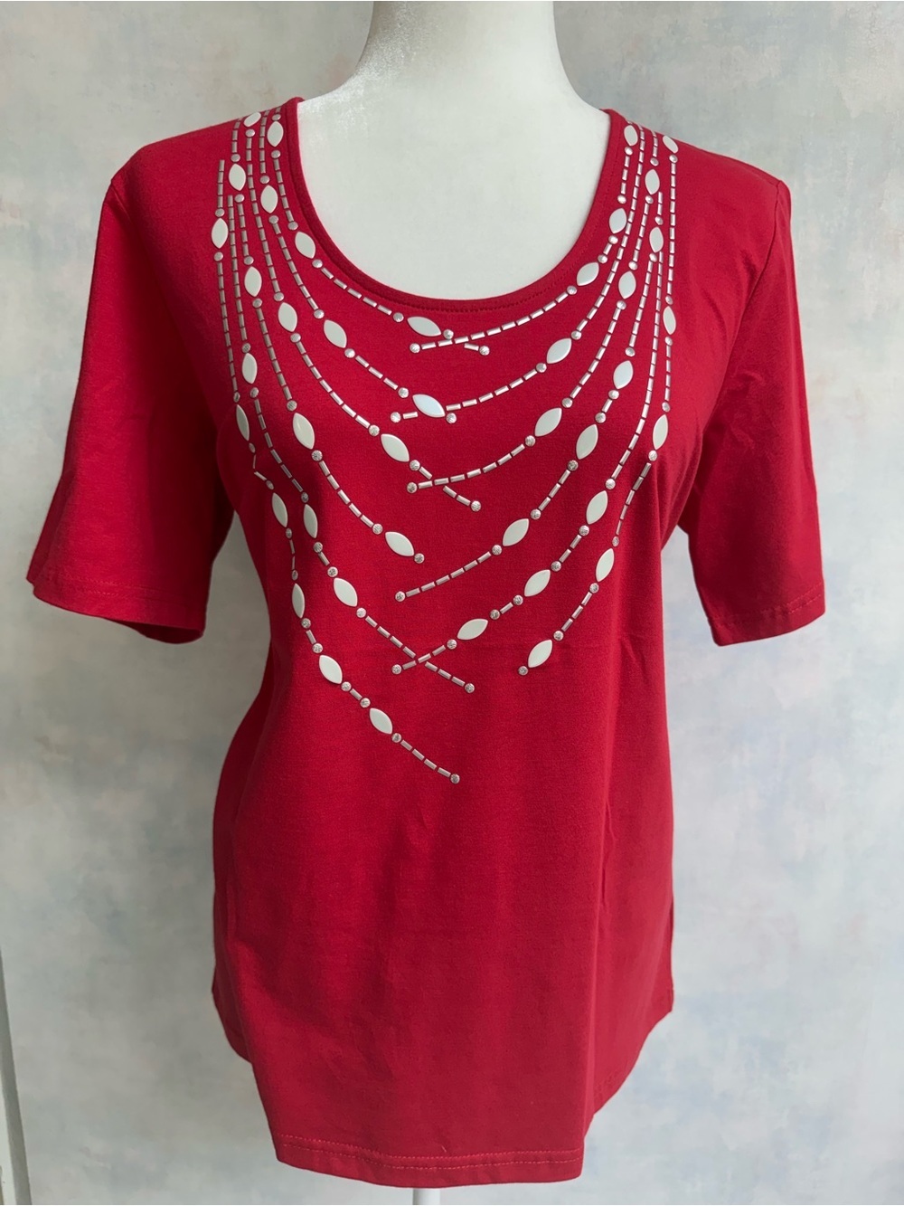 NWOT Bob Mackie Red & White Top Cool Embellished